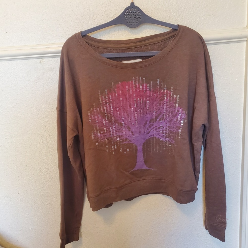 Aeropostale Eighty-Seven Brown Sequin Pink Tree Cropped Sweatshirt L 1124AF12